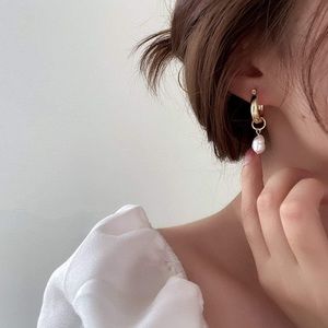 NEW Gold Minimalist Hoop Dangling Pearl Earring